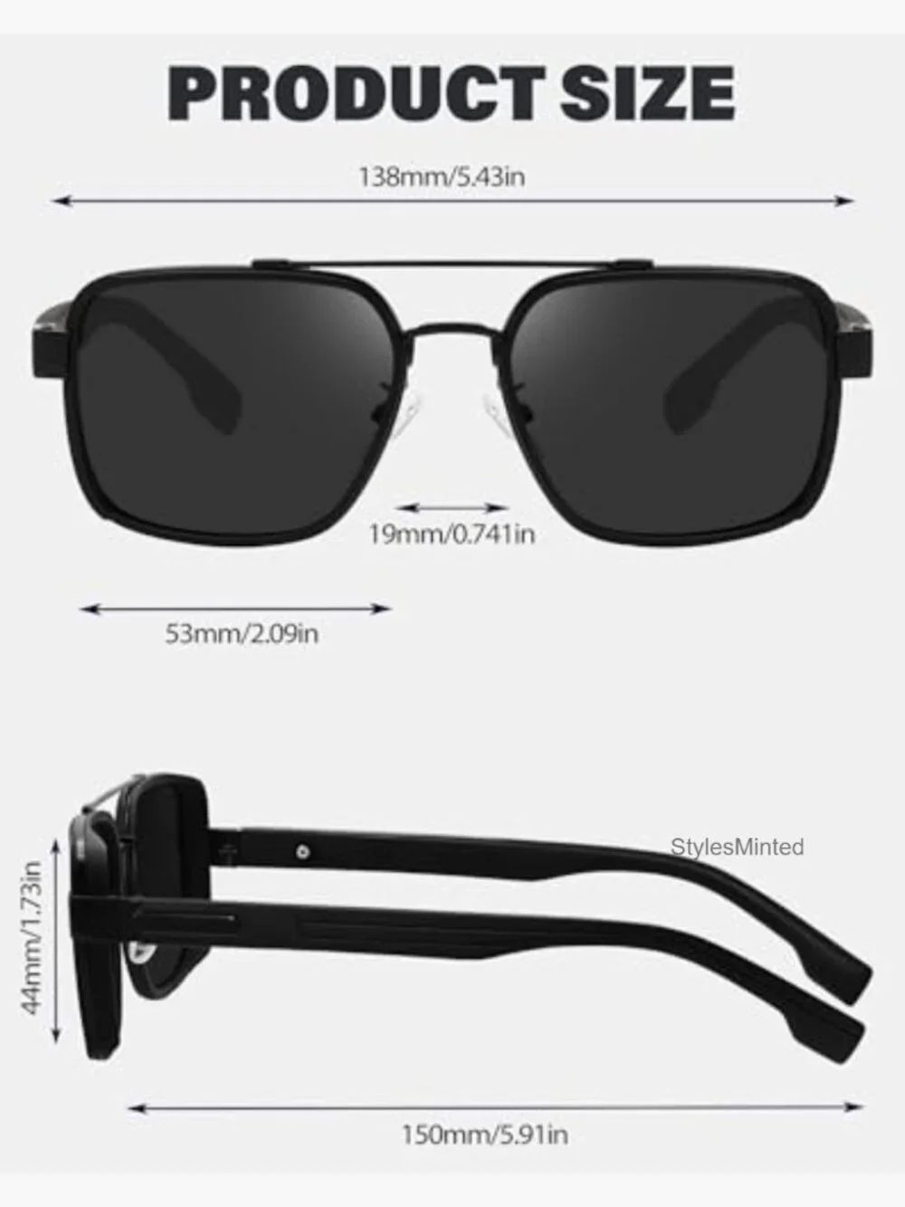 Square Aviator Sunglasses Polarized UV400 Double Bridge Metal Frame